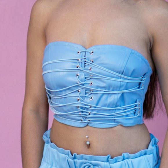 BLUE LEATHER CORSET TOP - Picture 1 of 1